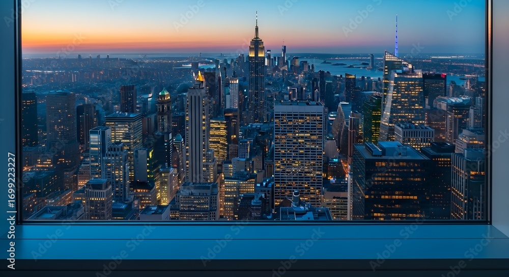Fototapeta premium Stunning City Skyline View at Dusk from High-Rise Window