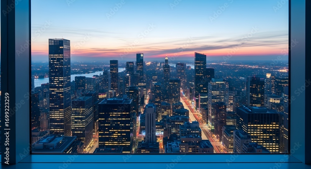 Obraz premium Stunning Urban Skyline View at Dusk from Skyscraper Window