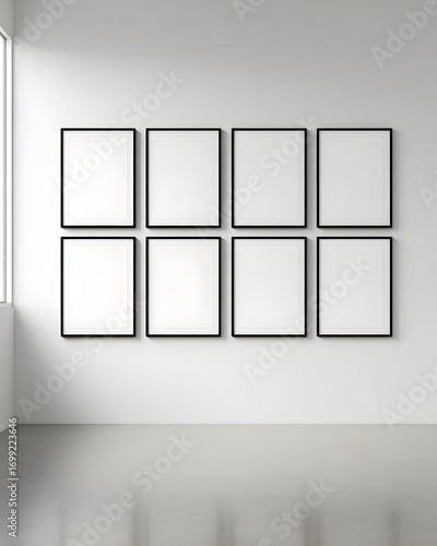 Wallpaper Mural Eight vertical blank picture frames with thin black borders arranged in a symmetrical two-by-four grid. Torontodigital.ca