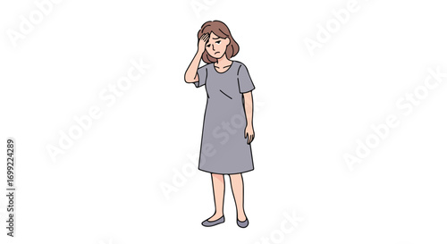 Illustration of a woman feeling unwell with a headache or dizziness.
