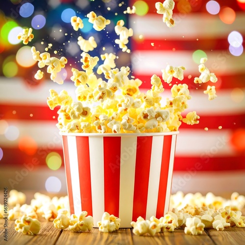Popcorn in a red and white striped container, against a backdrop of a blurred American flag and holiday lights
