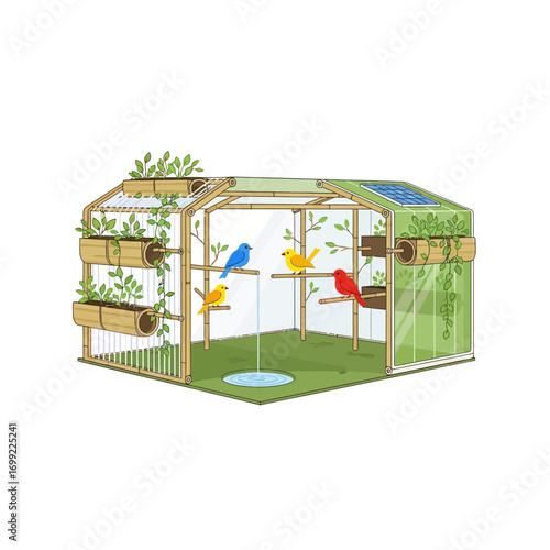 Eco-friendly birdhouse with integrated greenhouse and solar panels.