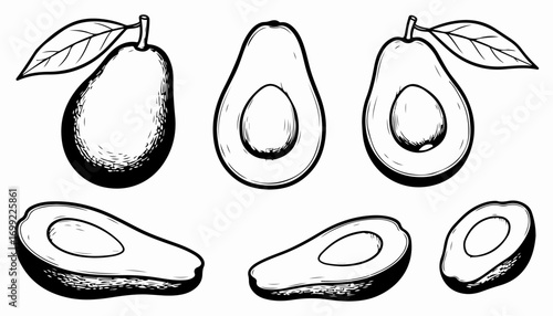 Black and white line art illustration of whole and halved avocados, some with leaves, in various orientations.