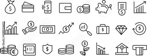 Finance icon set. with editable stroke. Set of line icon related to income, salary, money, business,goal, profit, . Outline icon collection.economy web icons. Vector illustration..eps