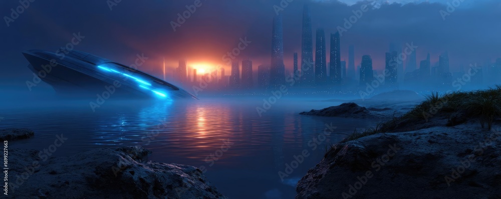 Naklejka premium Abandoned destroyed city in apocalyptic wasteland concept. Futuristic landscape with an alien ship and glowing city lights.