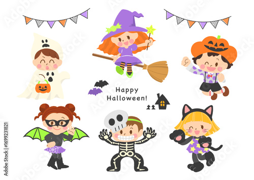 ハロウィーン仮装をした子どもたちのイラストセット