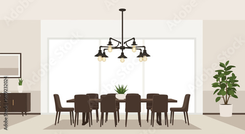 A stylish dining room featuring a modern chandelier and greenery decor
