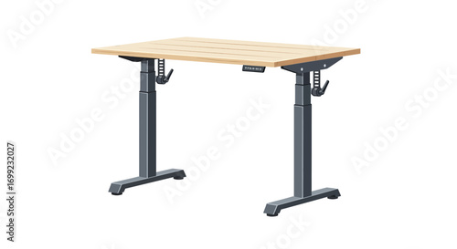 Adjustable height standing desk featuring light wood surface design