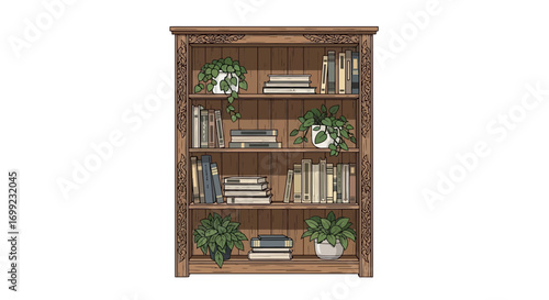 Aesthetic and organized vintage bookcase illustration with plants and books