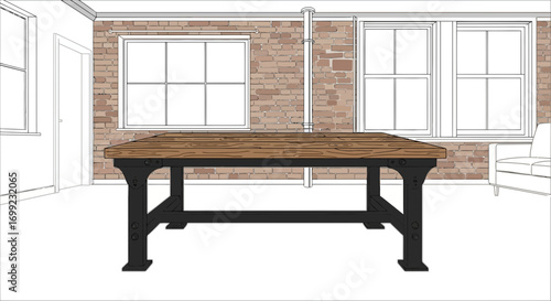 Aesthetic interior illustration of vintage table, in industrial style loft
