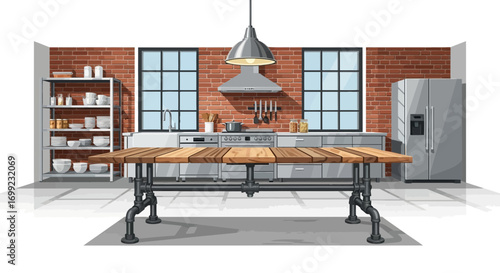 A stylish industrial kitchen with a large wooden table and brick wall