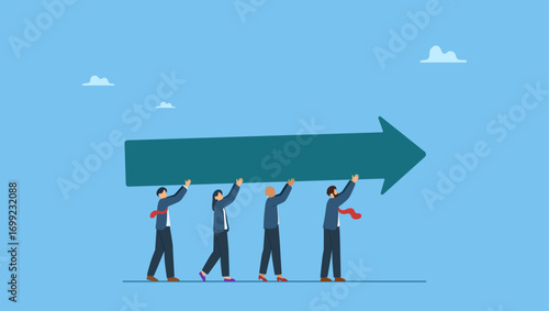 Businessman and businesswoman teamwork help carry big growth rising up arrow graph. Team success and improvement, sharing same business goal and direction, support and partnership for career growth.