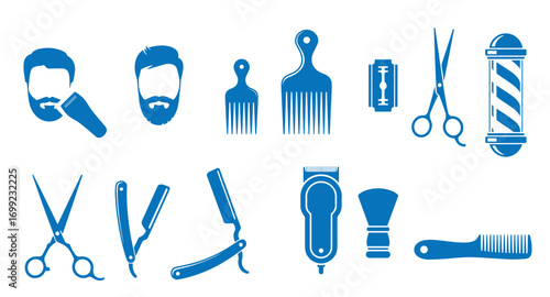 Diverse blue monochrome barber tools demonstrate grooming supplies against a white background for creative projects