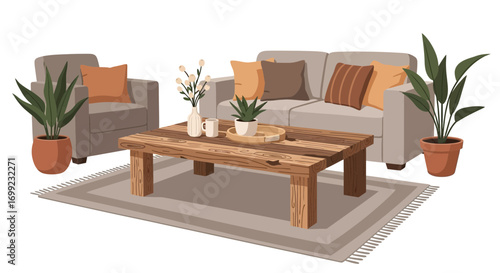Boho Living Room Interior with Rustic Accents and Natural Light Ambience