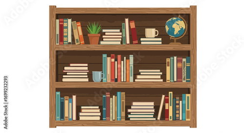 Aesthetic wooden bookcase filled with books and decor items illustration