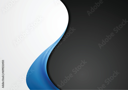 Grey and black abstract background with blue glossy wave