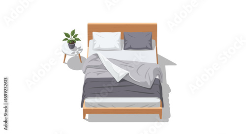 Comfortable modern bedroom illustration with plant on a side table