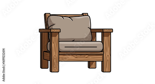 Comfortable rustic armchair with soft cushions in cartoon style illustration