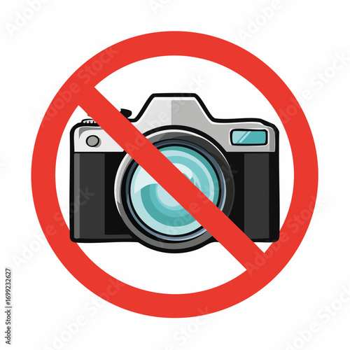 Vector sign in black and white of a camera with a prohibition circle over it, indicating no photography allowed