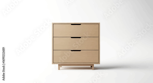 Contemporary three drawer chest with minimalist design on white backdrop