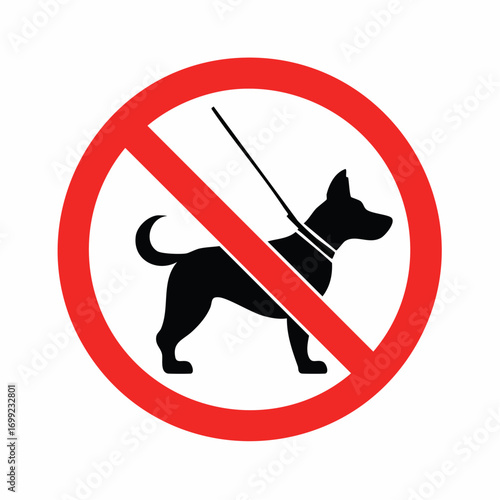 Simple black and white vector symbol of a dog with a leash inside a circle and a diagonal line, indicating no pets allowed
