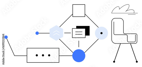 Geometric shapes connected by lines, a chair, and a cloud represent workflow, innovation, technology. Ideal for business, teamwork, automation, creativity systems strategy simple flat metaphor