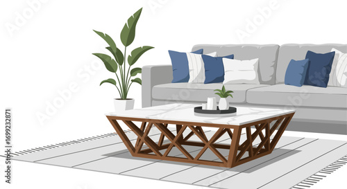 Cozy living room interior with couch, table, plant and elegant decoration