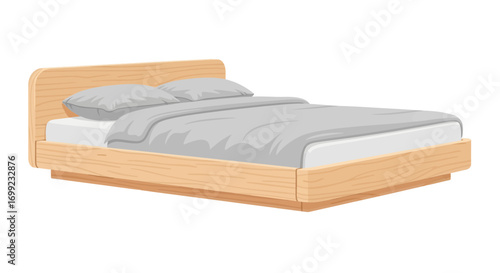 Cozy minimalist wooden platform bed with grey linens illustration