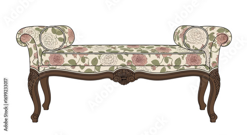 Decorative floral patterned daybed bench with classical carved detail