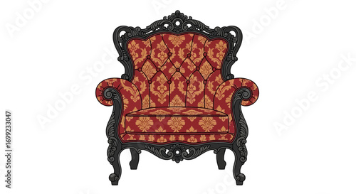 Detailed drawing of an antique armchair with red damask upholstery