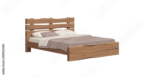 Cozy rustic wooden bed with soft bedding, enhancing bedroom comfort