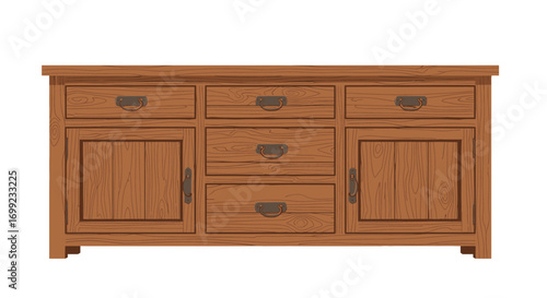 Detailed wooden cabinet illustration with drawers and cupboard space