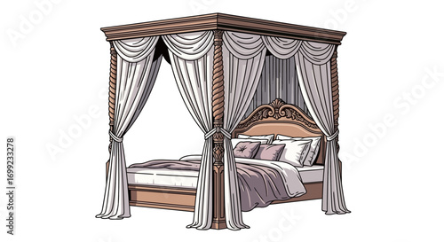Elaborate canopy bed drawing with curtains for luxury living concept