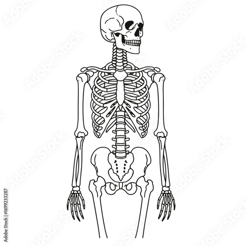 A detailed illustration depicting the anatomical structure of a human skeleton. The illustration showcases the intricate detail of various bones and their connections.