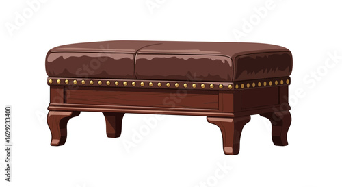 Elegant brown leather ottoman illustration with decorative brass tacks