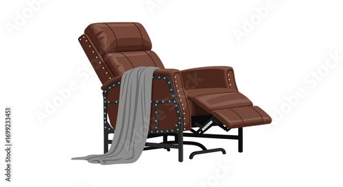 Elegant brown leather recliner with soft gray throw over the back