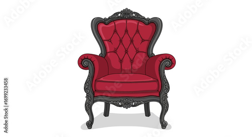 Elegant crimson armchair with intricate baroque design on a white background