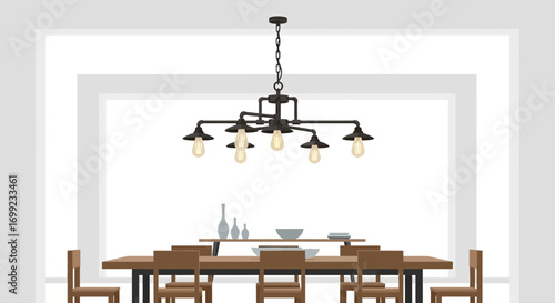 Elegant dining area featuring industrial-style lighting fixture and wooden furniture