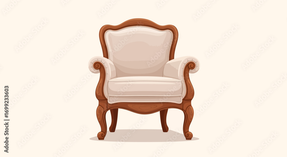 Fototapeta premium Elegant ivory upholstered armchair with carved wooden frame design