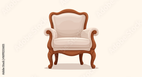 Elegant ivory upholstered armchair with carved wooden frame design