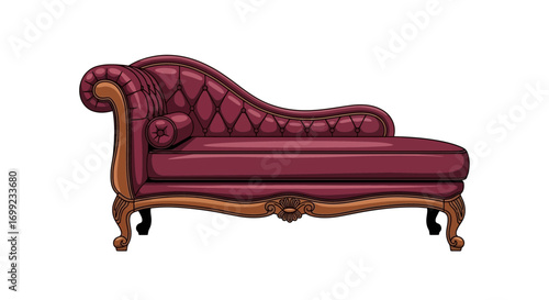 Elegant Maroon Chaise Lounge with Ornate Wood Frame on White Background