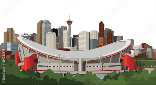 Modern stadium panorama with city skyline and vibrant green trees, capturing urban energy and architectural grandeur