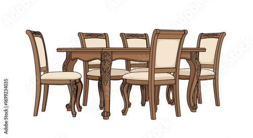 Elegant wooden dining set illustration with decorative accents and smooth curves