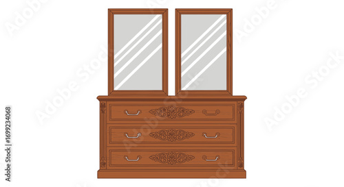 Elegant wooden dresser with twin mirrors vector illustration design