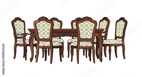 Exquisite illustration of an antique dining set, showcasing traditional craftsmanship