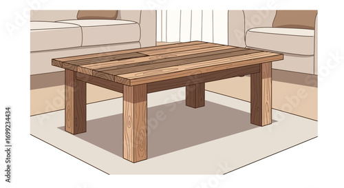 Illustration of a Rustic Wooden Coffee Table in a Modern Living Room Setup
