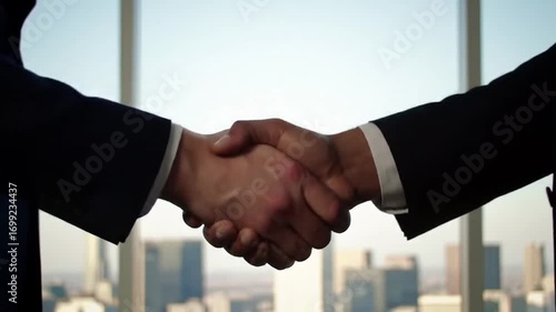 Two diverse businessmen shaking hands in a modern office, sealing a successful corporate agreement with a city skyline in the background
