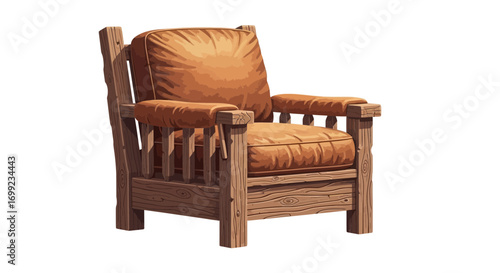 Illustration of a Rustic Wooden Armchair with Comfortable Cushions