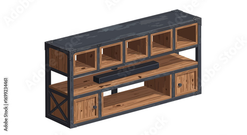 Illustration of a weathered media console with shelving and cabinet space