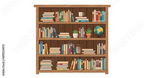 Illustration of a wooden bookcase filled with books and decorative items